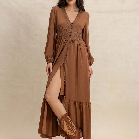 Boho Beauty Brown Women's Cinch Lace waist long sleeve Maxi Dress - Picture 5 of 8